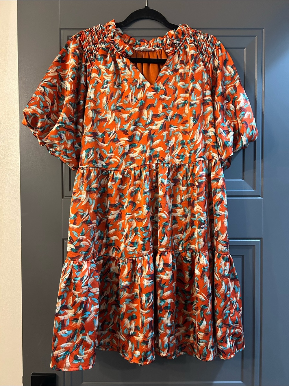 entro Orange Printed Tiered Midi Dress with Teal & Cream Bird Motif